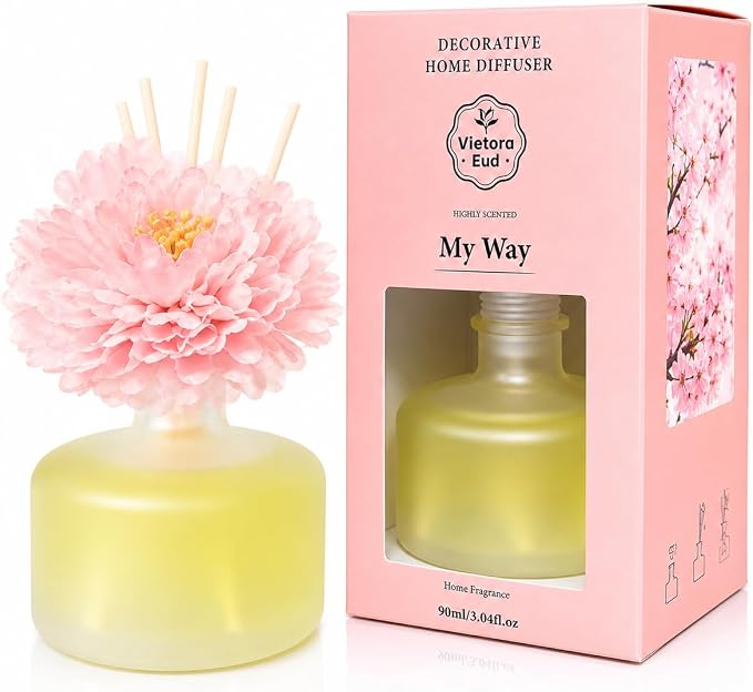 Reed Diffuser for Home – Inspired by My Way Fragrance – 3.38 Fl Oz – Includes Sakura Cherry Blossom Decorative Flower – Long Lasting Fragrance – Room Freshener for Bedroom, Bathroom, Office