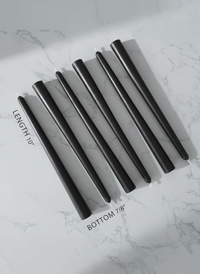 6 PK 10" Classic Taper Candles, Black, 7-8 Hours Long Burning, Unscented Tall Candlesticks