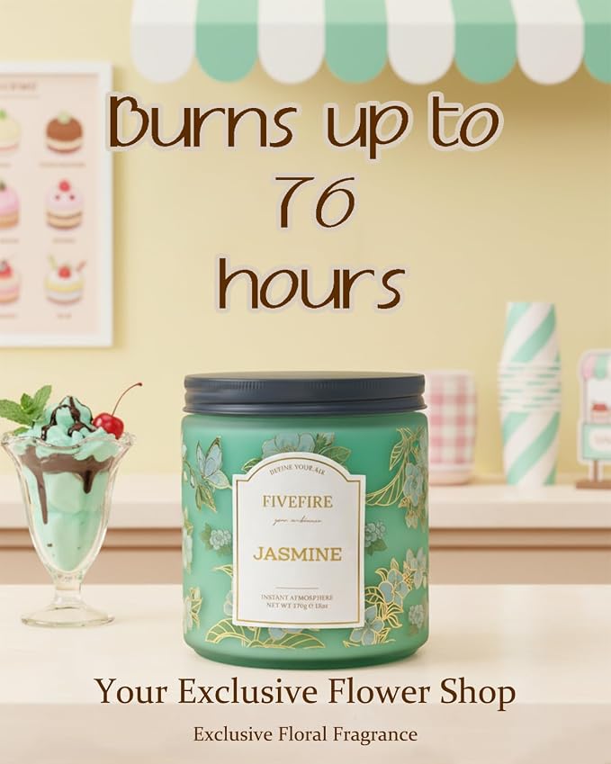 Jasmine Scented Candles for Self Care, 13oz Natural Soy Wax 2-Wick Jar, Up to 76-Hour Clean Burn, Fresh Green Jasmine Home Fragrance, Gift for Women Men