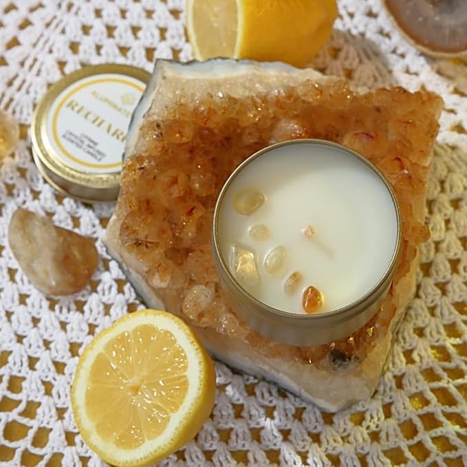 Luxury Candle Tin, 6 OZ, Recharge - Citrine Crystal Infused - Scents of Lemongrass, Geranium, and Basil - Happiness, Manifestation, & Abundance - Coconut Wax, Essential Oils