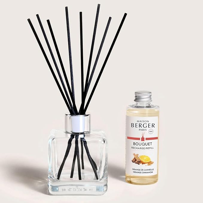 MAISON BERGER Reed Diffuser Bouquet, 100 ml, Orange Cinnamon | Clear Glass Bottle, 8 Reed Sticks, 100 ml Refill, Up to 6-Week Passive Diffusion, No Flame, Made in France