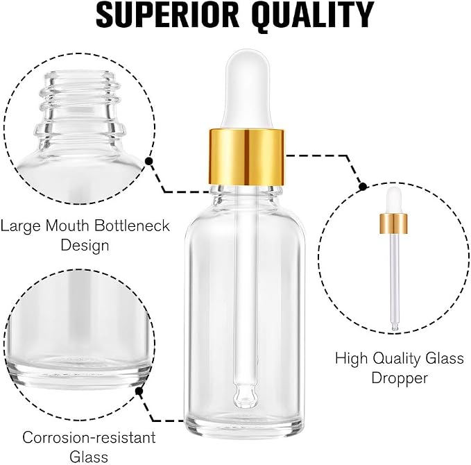 PrettyCare Glass Eye Dropper Bottles 24 Pack, 1oz (30ml) Clear Empty Thick Bottles Bulk with Leakproof Golden Caps - With Labels & Funnels for Storage, Travel, Essential Oils, Cuticle Oils, Tinctures