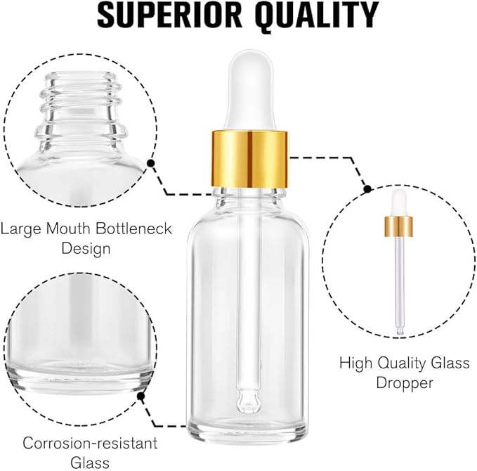 PrettyCare Glass Eye Dropper Bottles 2oz (60ml), 63 Pack Clear Empty Thick Bottles Bulk with Leakproof Golden Caps - With Labels & Funnels for for Storage, Travel,Essential Oils, DIY Serums, Tincture