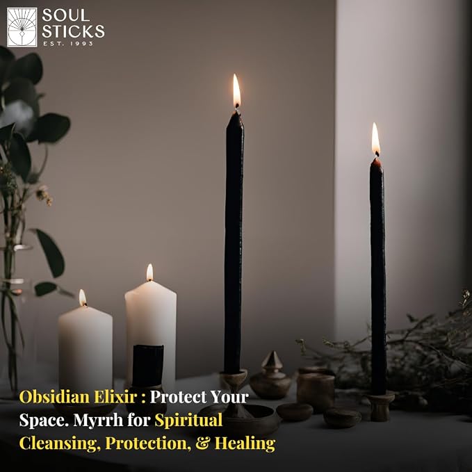 SOUL STICKS 4" Scented Ritual Candles Chime Taper Premium Candles 20 pcs for Rituals, Ceremonies, Meditation, Altar and Spells (Black/Myrrh)