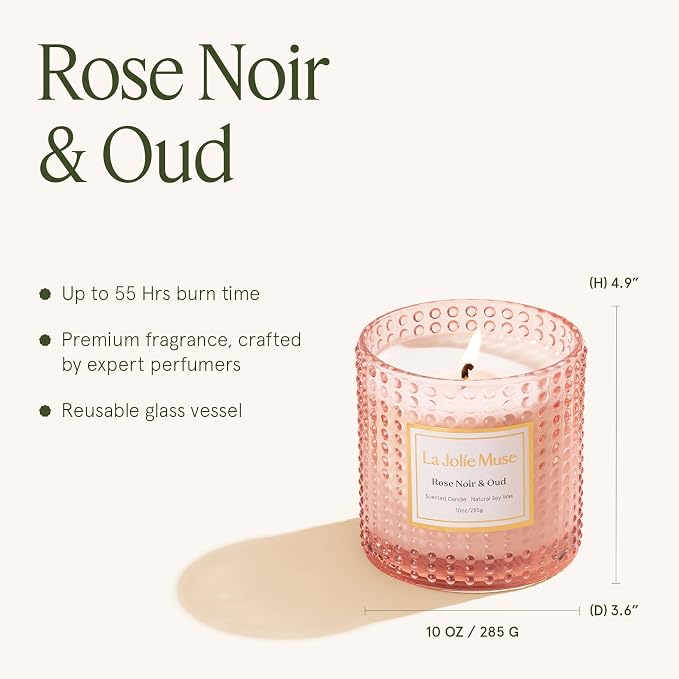 LA JOLIE MUSE Rose Noir & Oud Scented Candles for Home, Natural Soy 55 Hrs | Luxury Jar Candle, Floral Pink Candles, Clean Non Toxic, Decorative Candle for Candle Warmer, Gift for Women, Sandalwood Rose