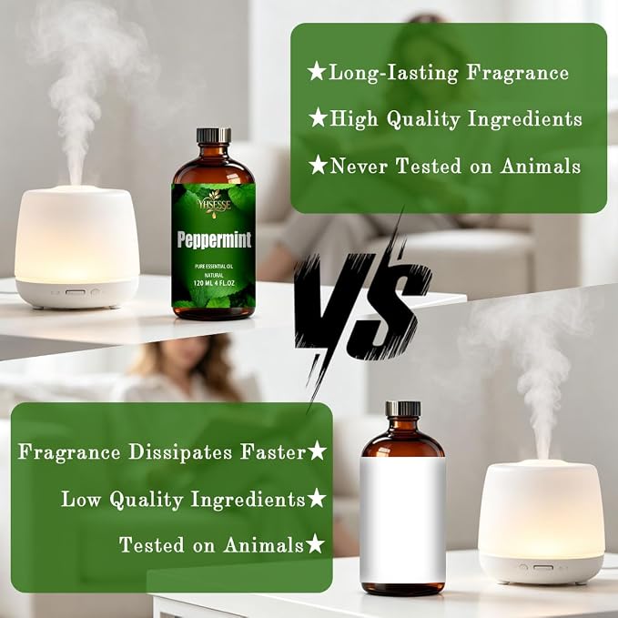 Peppermint Essential Oil, Peppermint Oil 4 Fl Oz 120ml for Diffuser Yoga Soap & Candle Making – with 0.33 Oz Roller Ball & Dropper YHSESSE Essential Oils