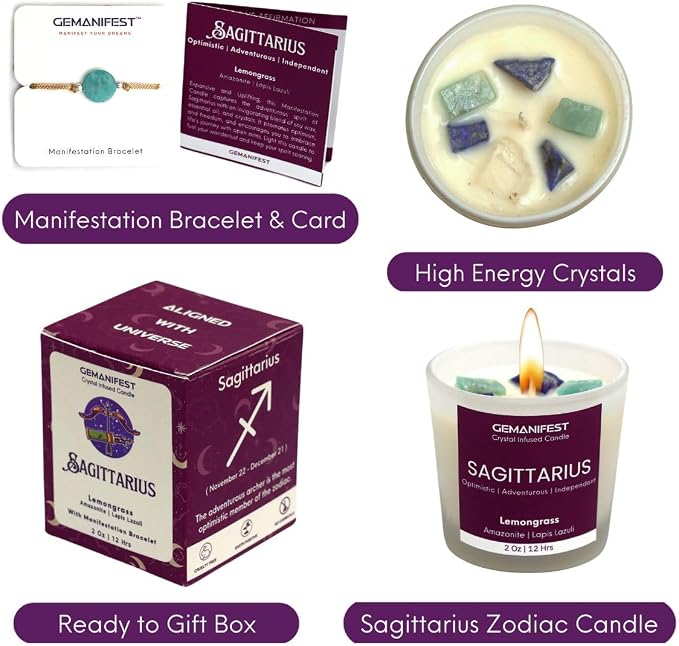 Sagittarius Zodiac Candle Gifts for Women with Sagittarius Bracelet Lemongrass Crystal Candle for Manifestation Birthday Birthstone Spiritual Thoughtful Gifts