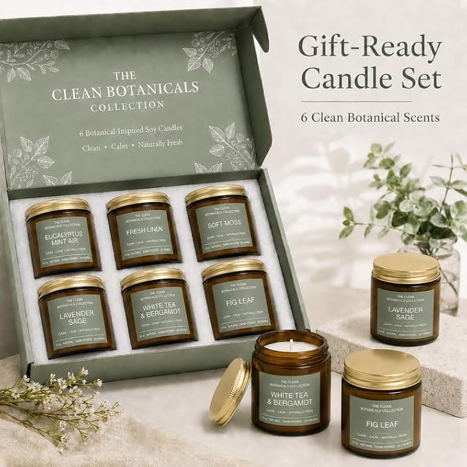 Scented Candles Gift Set for Women, Clean Botanicals Collection, 6 Pack 3.5 oz Natural Soy Wax Candles in Amber Glass Jars, Aromatherapy Gifts for Mom Birthday Housewarming, Lavender Sage