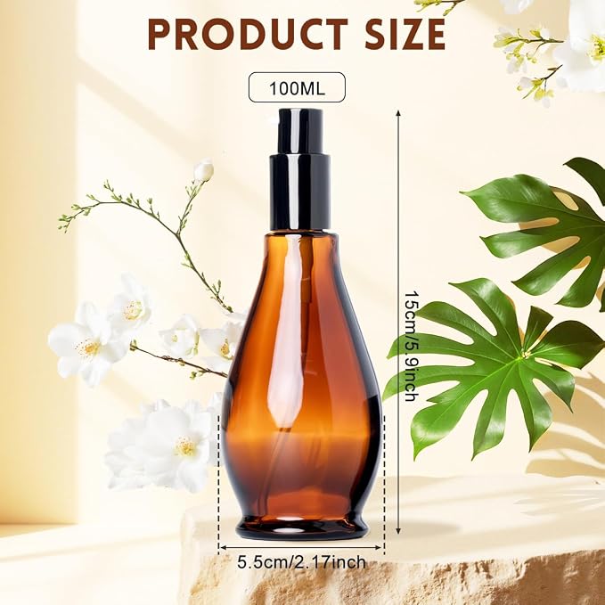2 Pcs 100ml(3.4oz) Gourd Shaped Amber Glass Pump Bottles, Empty Refillable Dispenser with Black Pump Head, Essential Oil Emulsion Sample Vials,Travel Size Cosmetic Containers for Lotion Shampoo