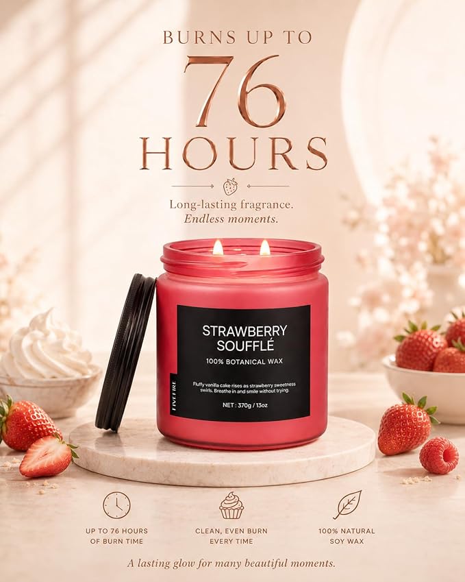 Strawberry Soufflé Home Scented Candles, 13oz Organic Soy Wax, 76-Hour Clean Burning, Natural Non-Toxic, Sweet & Fruity Gourmand Scent for Relaxation, Aromatherapy Housewarming Candle Men Women