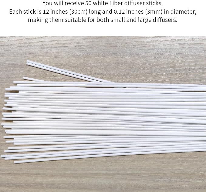 50PCS White Fiber Reed Diffuser Sticks 12 Inch Long 3mm Diameter Strong Absorption Refill Replacement Reeds for Diffuser Stick Essential Oil Scented Aroma Fragrance Rod for Home Office Spa