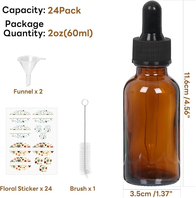 STARSIDE 24 Pack 2 oz Amber Glass Dropper Bottles for Essential Oils,60 ml Glass Bottles with Glass Droppers for Lab Chemicals,Perfumes.Included 1 Brush,2 Funnels and 24 Labels
