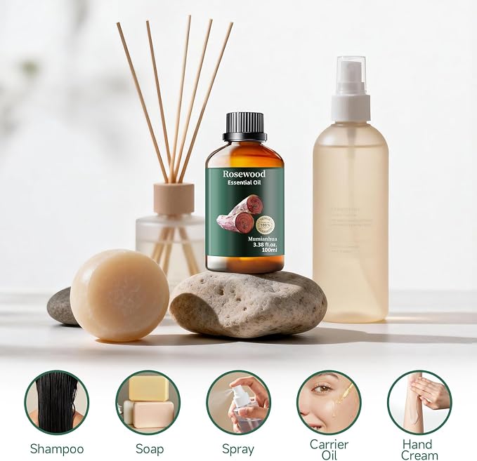 Rosewood Essential Oil, Pure Mumianhua Natural Sweet Woody Aroma for Outdoor Protective Barrier & Shield, DIY Spray, Diffuser, Skin, Hair, Massage, Candle & Soap Making – 3.38 Fl Oz