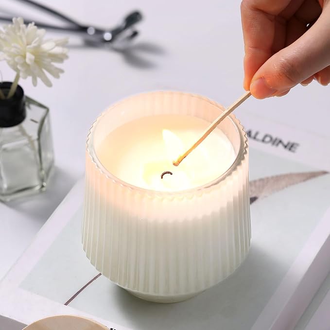 simeitol 13 OZ White Candle Jars for Making Candles - 6 Pack Ribbed Glass Candle Jars, with Bamboo Lids and Candle Wick Kit, Candle Making Jars Bulk for DIY