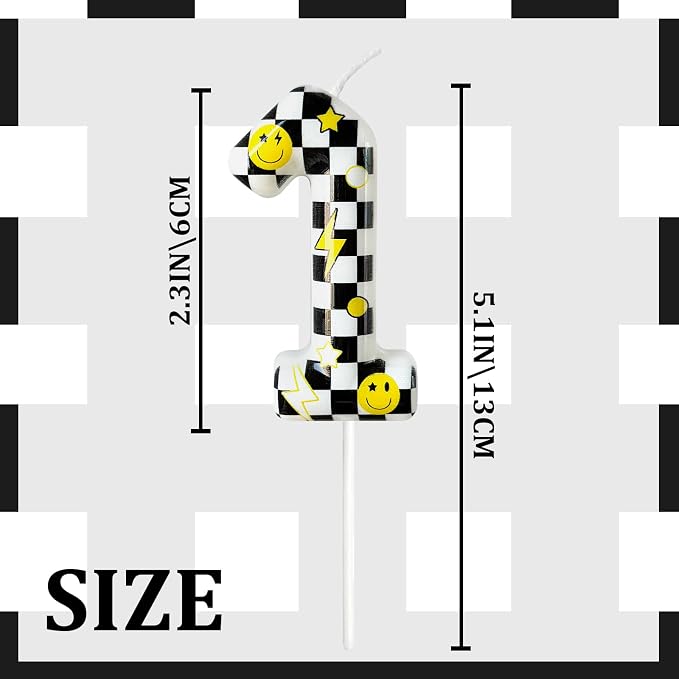 Number 1 Birthday Candle for Cake – Black White Checkered Smiley Face Design with Lightning & Star – One Happy Dude Theme Cake Topper for Birthday Party Decorations