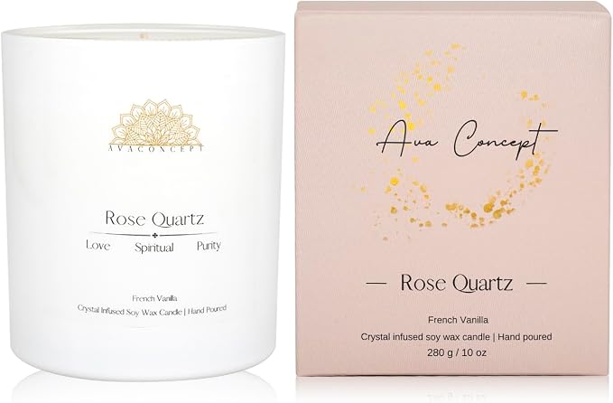 Rose Quartz Crystal Candle – 10oz / 280g | French Vanilla Aromatherapy | Hand-Poured Soy Wax | Genuine Rose Quartz Healing Crystals Embedded | Love, Spiritual & Purity | Gift Box Included