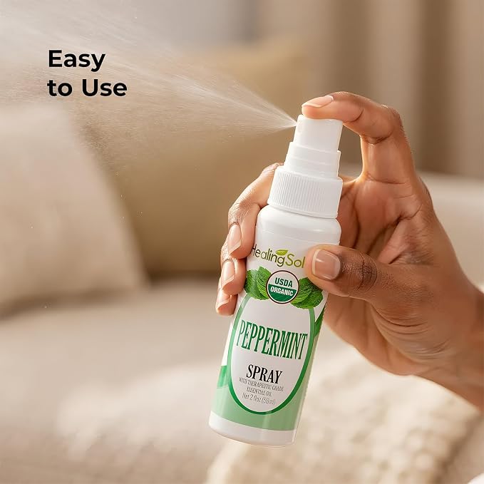 Healing Solutions - Peppermint Essential Oil Spray, (2 oz) USDA Certified Organic Aromatherapy Room & Linen Spray, Pillow & Bedding Mist, Shower Steam, Natural Peppermint Air Freshener