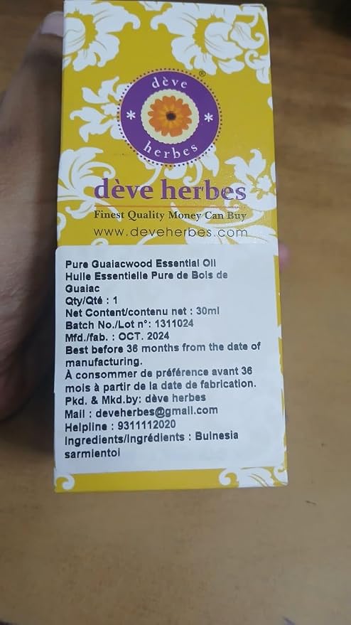Deve Herbes Pure Guaiacwood Essential Oil (Bulnesia sarmientoi) Steam Distilled 30ml (1 oz)