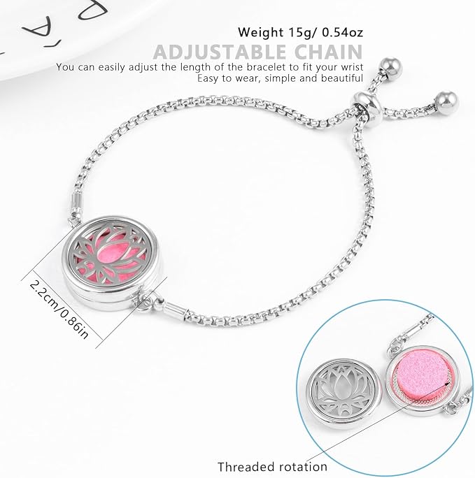 Essential Oil Diffuser Bracelet Aromatherapy Locket Adjustable Stainless Steel Lotus Bracelet with 10 Pcs Refill Pads for Women Girls