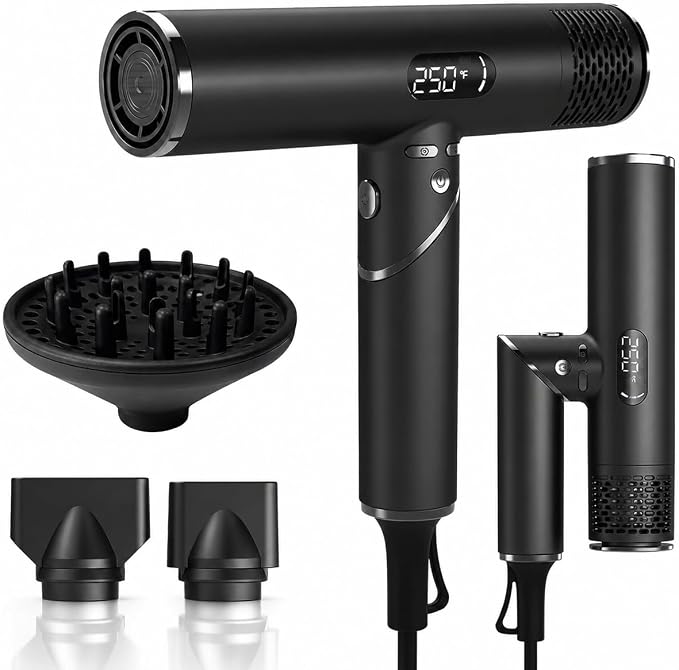 Dual Voltage Travel Hair Dryer with Magnetic Diffuser - 1600W High-Speed lonic Blow Dryer for Women, Automatic Dual Voltage 110V-240V, Lightweight & Compact, Foldable, Heat Control, (Black)