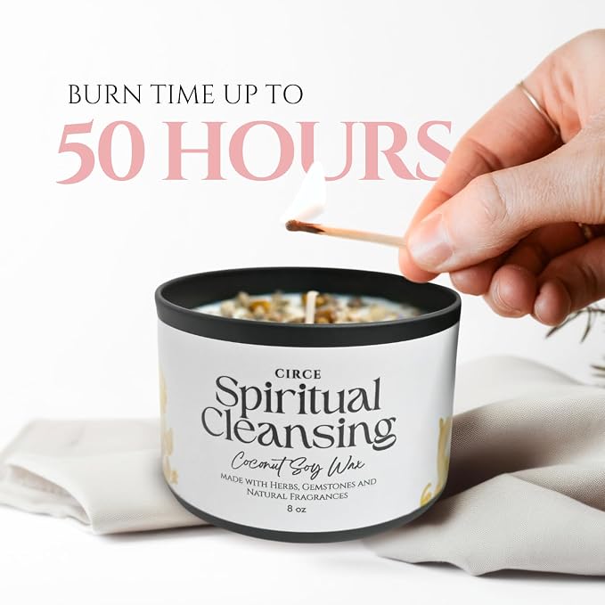 Circe Spell Candle “Spiritual Cleansing” Coconut Soy Wax Candle Jar– Premium Hand Poured & Long Burning– Herbs, Crystal & Natural Fragrance Oils- Clearing, Protection & Grounding- Self Care, Gift- 8oz