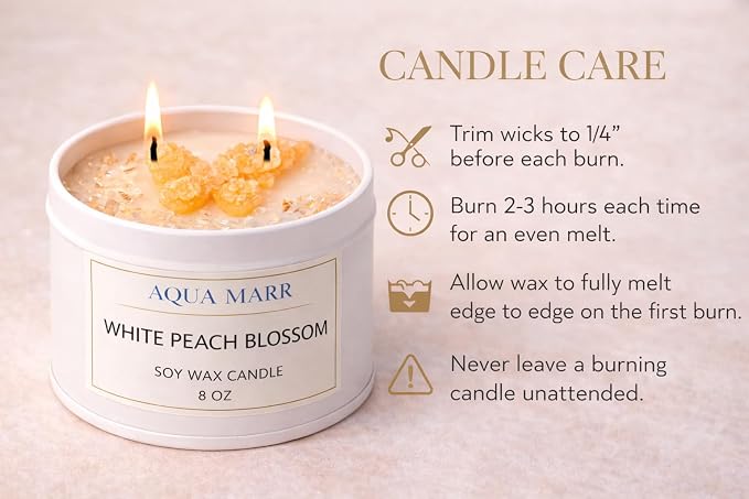 White Peach Blossom Soy Candle – 8 oz Floral Scented Candle, Hand-Poured Clean Burning Dual Wick Candle for Home, Spa & Relaxation – Aqua MARR