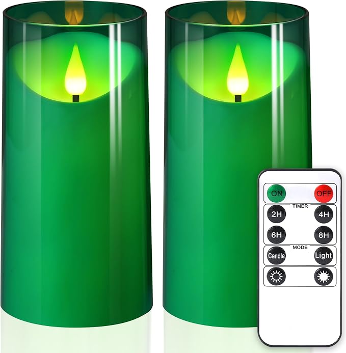 NURADA 3"x6"Flickering Flameless Candles: 3D Wick Acrylic Battery Operated LED Pillar Candles with Remote and Timer for St. Patrick's Day Home Holiday Forest Christmas Party Table Decor - Green