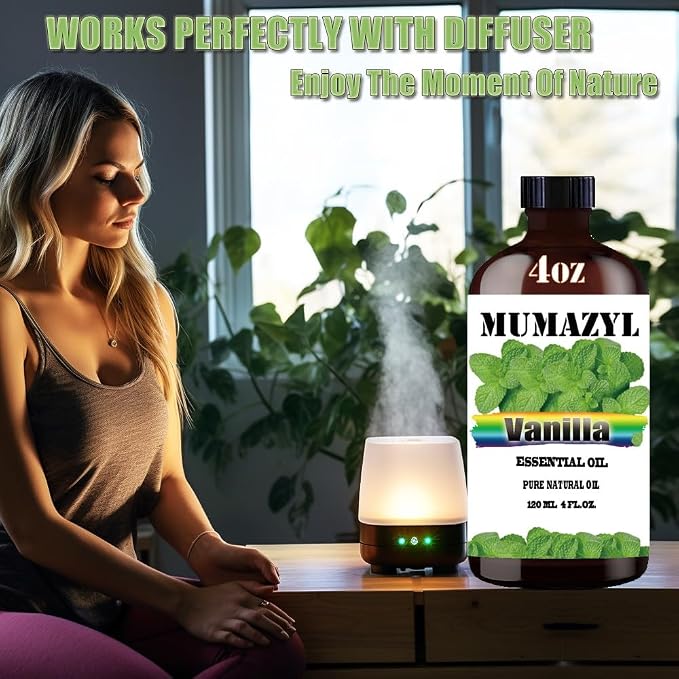 Vanilla Essential Oil, Vanilla Oil 4 Fl Oz 120ML for Diffuser Humidifier Yoga Cleaning DIY Candle Soap Making MUMAZYL Essential Oils