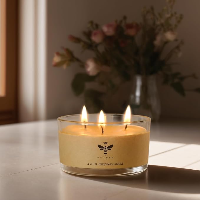 DEYBBY Beeswax Jar Candle - 3 Wick Beeswax Candle Gift - Handpour Candle with Natural Scent for Home Decor Bath Relaxation Houusewarming Gift