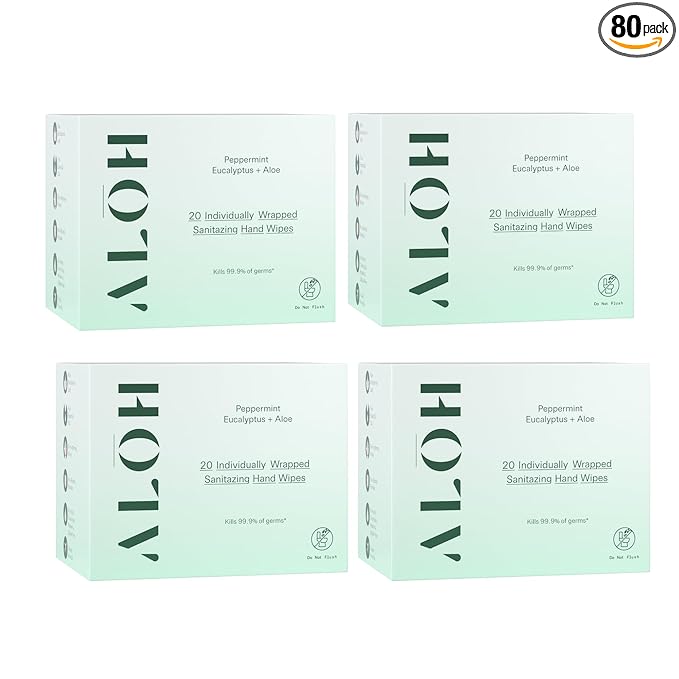 ALŌH Skin - Softening Sanitizing Hand Wipes - Peppermint Eucalyptus + Aloe (4 Boxes of 20 Individually Wrapped Wipes (80 wipes))