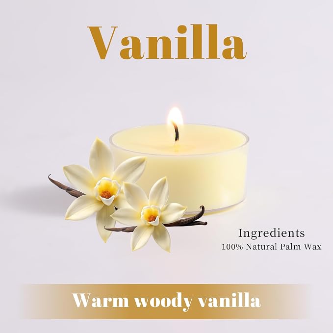 DEVI Vanilla Scented Tea Lights Candles 12 Pack, 5 Hours Natural Palm Tea Candles Bulk for Home Scented, Small Tealight Votives with Essential Oils for Home, Wedding, Baby Shower Favors & Gifts