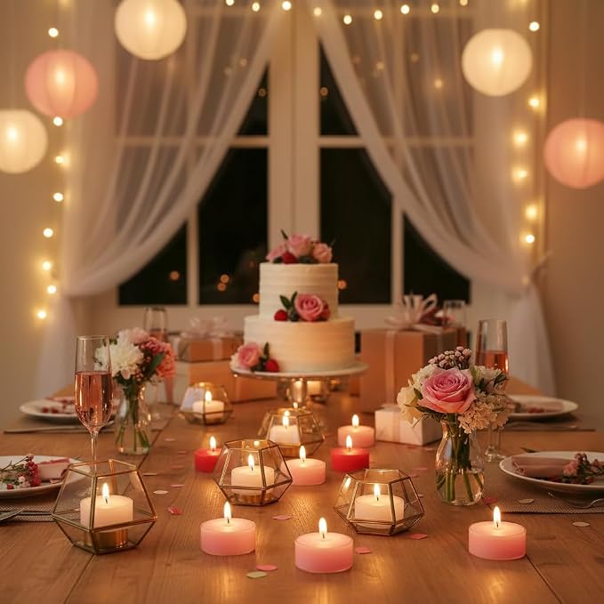 Rose Scented Tea Light Candles 12 Pack Gradient Red Hand Poured Smokeless 4 Hours Clean Burning Small Round Clear Cup Tealight Candles for Mother's Day Romantic Dinner Wedding Centerpiece Cozy Evening