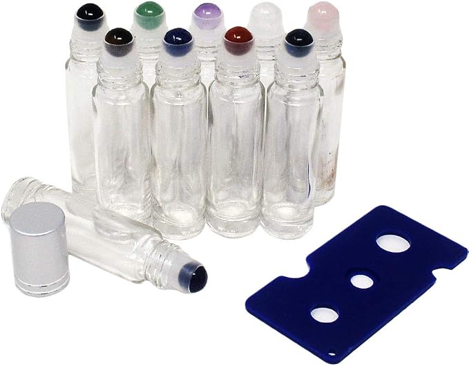 fengshuisale 10pcs Clear 10ml Empty Refillable Glass Bottles with Crystal Semiprecious Stones Essential Oil Gemstone Roller Ball Bottles with Silver Lid with Free Bag W3900 (Multi-1)
