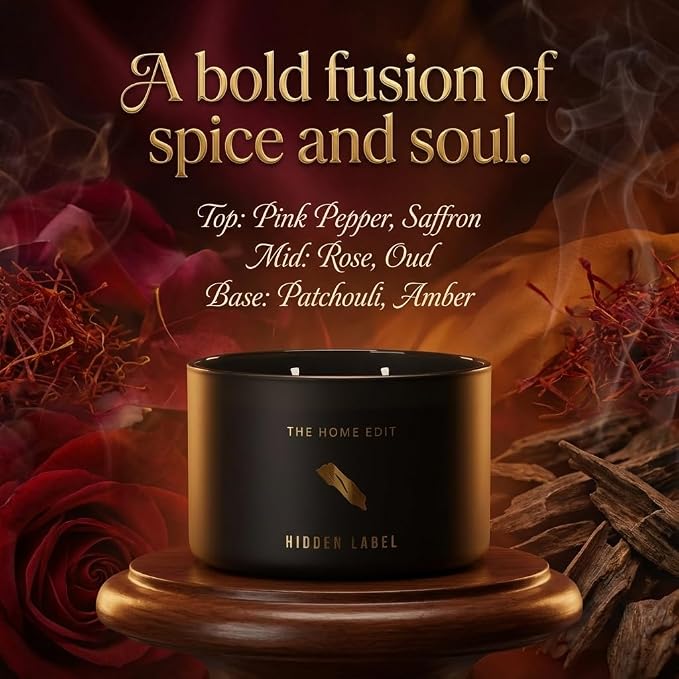 Hidden Label Black Oud Pepper Soy Candle, 10oz 2-Wick, 45H Bold Spice | Strong Masculine Aromatherapy | Non-Toxic Phthalate-Free | Even Melt No Tunneling | Luxe Reusable Glass Gift