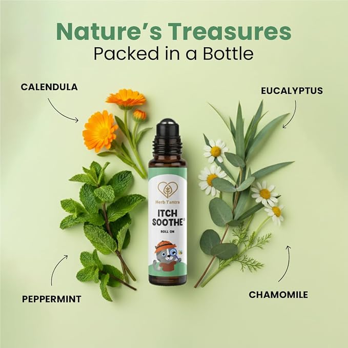 Herb Tantra Itch Soothe Kids Roll On, Natural Fast Anti Itch Bug Bite Relief After Mosquito, Bee Sting, Camping & Travel Essential Stick, Contains Chamomile & Calendula Oil