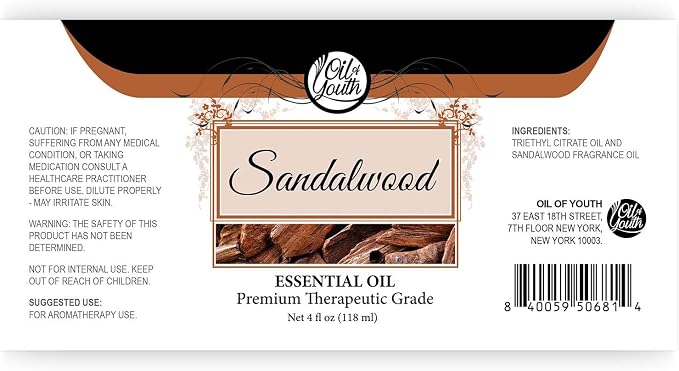 Oil of Youth Sandalwood Essential Oil - Therapeutic Grade for Aromatherapy, Diffuser, Meditation, Candle Soap Making - Dropper - 4 fl oz - Aromatherapy Diffuser Oil