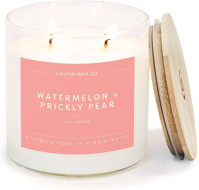 Calyan Wax Co. Watermelon & Prickly Pear 2 Wick Scented Candle - 37 Hour Burn - Luxury Clean Soy Wax Candles - Long Lasting Large Glass Jar Candle for Home - 8.8oz
