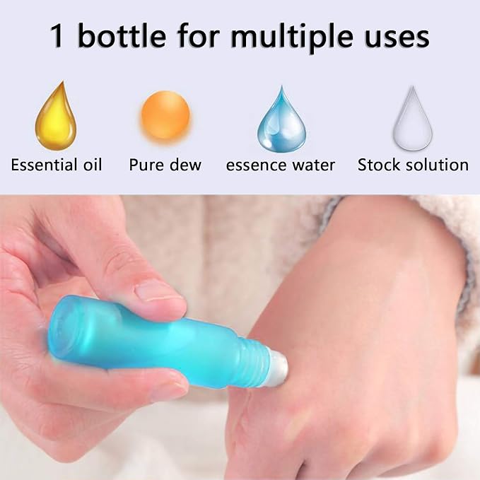Glass Roller on Bottle, 10ml Refillable Essential Oil Bottle with Stianless Steel Ball, Pack of 10 (Light blue)