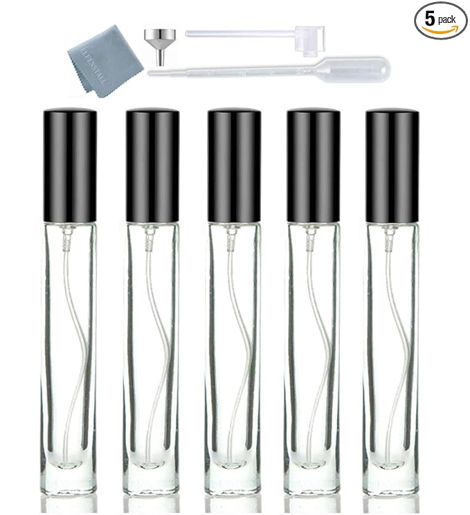 5pcs 10ml 1/3oz Black Silver Metal Spray Bottle Refill Perfume Hydrating Fragrance Fine Mist Atomizer Cosmetic Container Round Tube Party Makeup Tool Travel Gift Sample