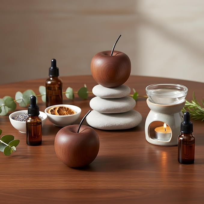 Novabright 4 Pcs Mini Wooden Apple Shaped Essential Oil Diffuser Portable Aromatherapy Diffuser Decorations Farmhouse Rustic Air Freshener for Car Home Bedroom Office Desktop Sauna Yoga Spa Centers
