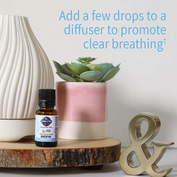 Garden of Life Essential Oil Breathe Blend – 100% Pure Rosemary, Black Spruce & Fir Balsam Essential Oil for Diffuser, Home, Skin & Body Care, Clarifying and Focusing, USDA Organic, Non-GMO, 0.5 fl oz