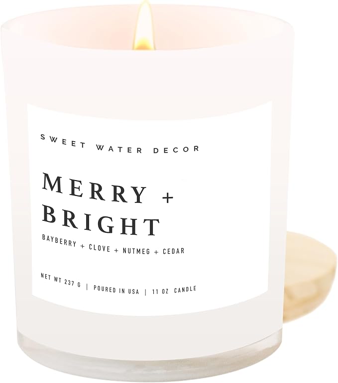 Sweet Water Decor Merry and Bright Soy Christmas Candle - Bayberry, Clove, Nutmeg, and Cedar Scented Holiday Candles for Home - 11oz White Jar + Wood Lid, 50+ Hour Burn Time, Made in The USA