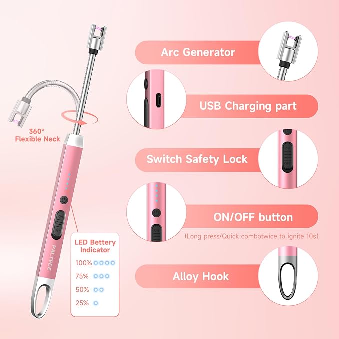 Electric Candle Lighter, USB-C Rechageable Flameless Lighters for Camping, Long Lighter with 360° Flexible Neck & Safety Switch, Windproof Lighters for BBQ, Gift for Mom, Wife (Rose Gold)