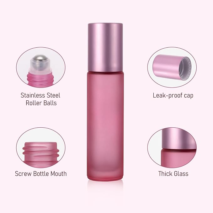 Kesell 10 Pack - 10ml Refillable Frosted Glass Roller Bottles Vials with Stainless Steel Roller Ball and Aluminum Cap - Pink Color