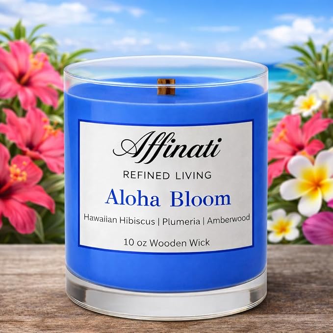 Affinati Aloha Bloom Scented Candle, 10 oz Wooden Wick Tumbler Jar – Highly Fragrant Exotic Tropical Floral Aromatherapy, Island Soy Gift