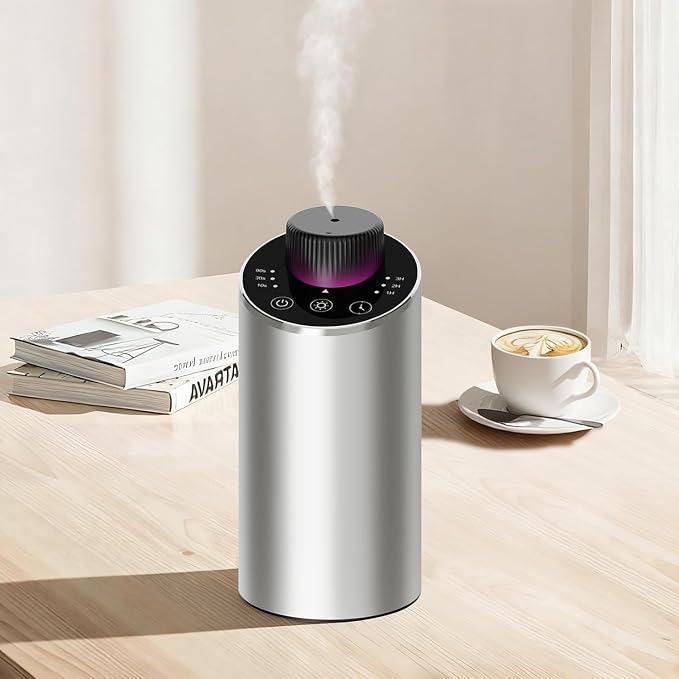 Waterless Essential Oil Diffuser Aromatherapy Scent Diffusers for Home Large Room, Bedroom, Car, Office, Desk, Battery Operated Mini Portable Air Freshener, 3 Countdown Timers & 3 Mist Levels, Silver