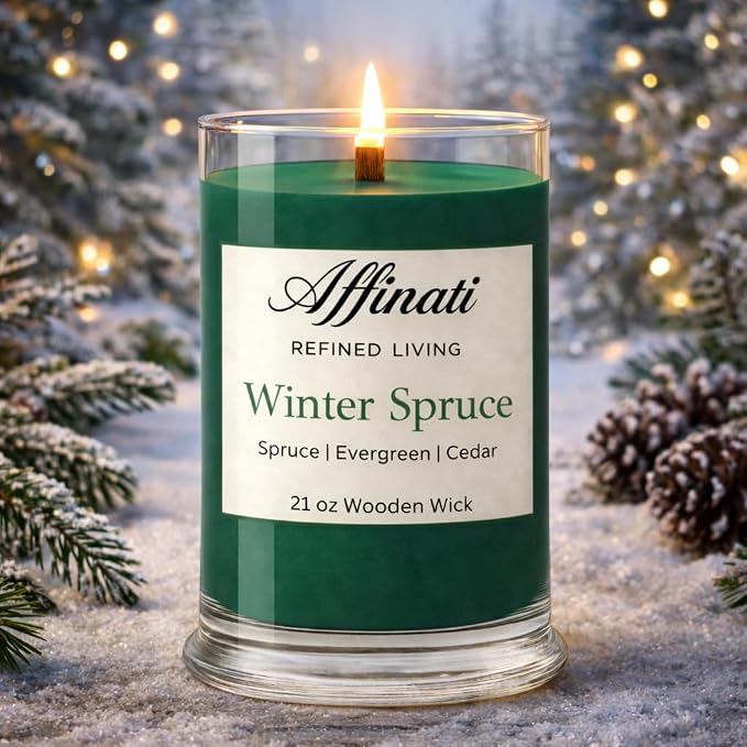 Affinati Winter Spruce Large Scented Candle, 21 oz Wooden Wick Tumbler – Highly Fragrant Long Lasting Premium Christmas Fragrance, Soy Blend