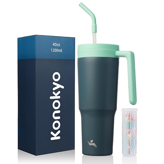 Konokyo Insulated Tumbler with Handle and Straw,40 OZ Vacuum Stainless Steel Water Bottle Travel Mug Metal Cup with Fruit Diffuser,Night Gray