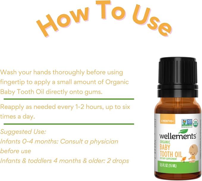 Wellements Organic Baby Tooth Oil | Soothing Massage Oil for Tiny Gums, Helps Make Teething Happy, Made with Safe and Effective Certified Organic Ingredients | 0.5 Fl Oz. 4 Months +