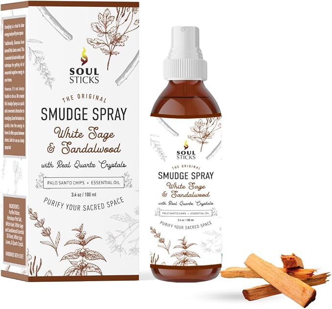 SOUL STICKS White Sage & Sandalwood Smudge Spray For Cleansing and Negative Energy | 3.5oz White Sage Smudge Spray with Real Quartz Crystals | Car Fragrance Sage Room Spray for Spiritual Cleansing